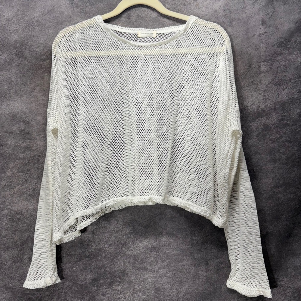 Krista Larson White Open Fish Net Mesh Cropped Sweater Boxy Oversized Asymmetric